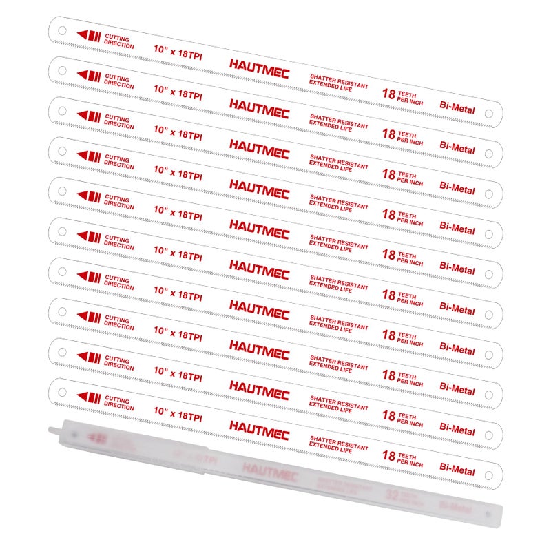 HAUTMEC 10" Hacksaw Blades 18 TPI â€“ 10 Pack Bi-Metal Replacement Blades with High-Speed Steel Teeth and Spring Steel Body, Professional Grade, Fits Most Hacksaw Frames - Image 1